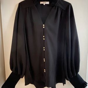 Black, pearl button, smock long sleeve top